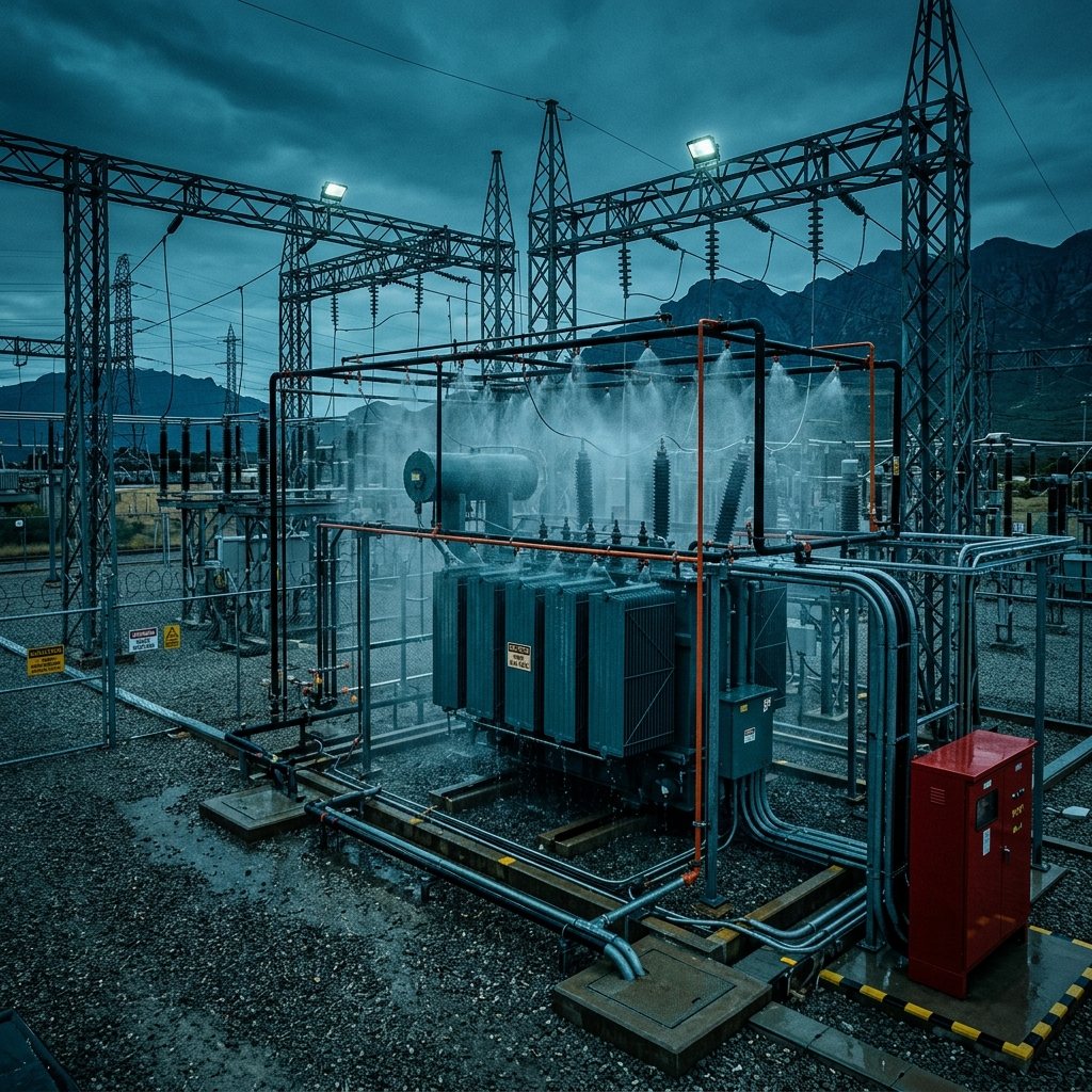 Illustration of transformer infrastructure with fire protection pipework